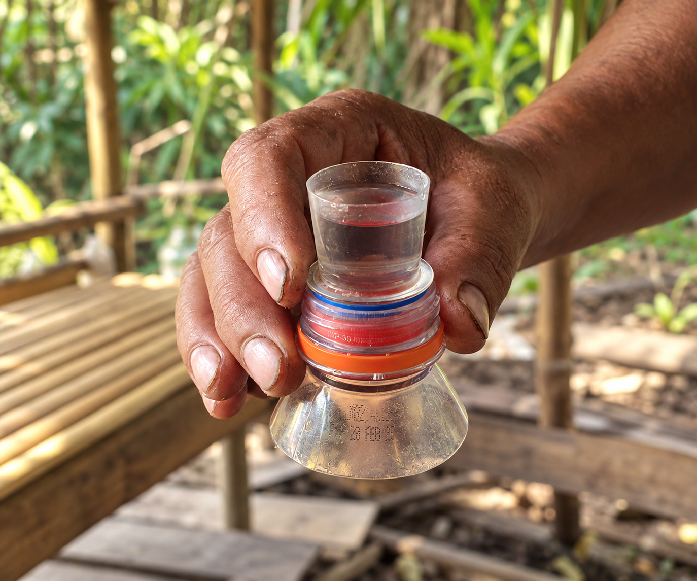 A hand holding a small improvised drinking vessel during field documentation.